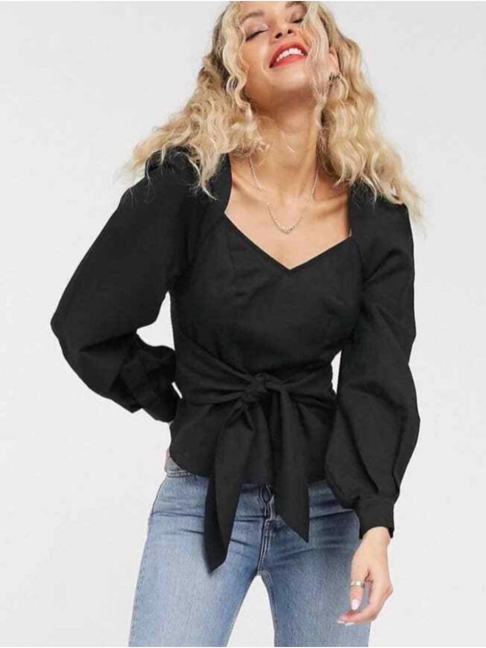 & Other Stories Black Tie-Front Square Neck linen blend Blouse size 6